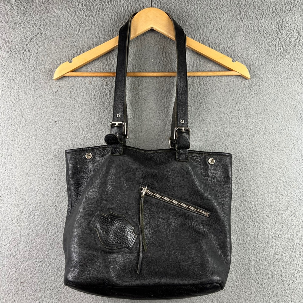 Harley-Davidson Black Pebbled Leather Tote Bag Biker Shoulder Bag Logo Flaws